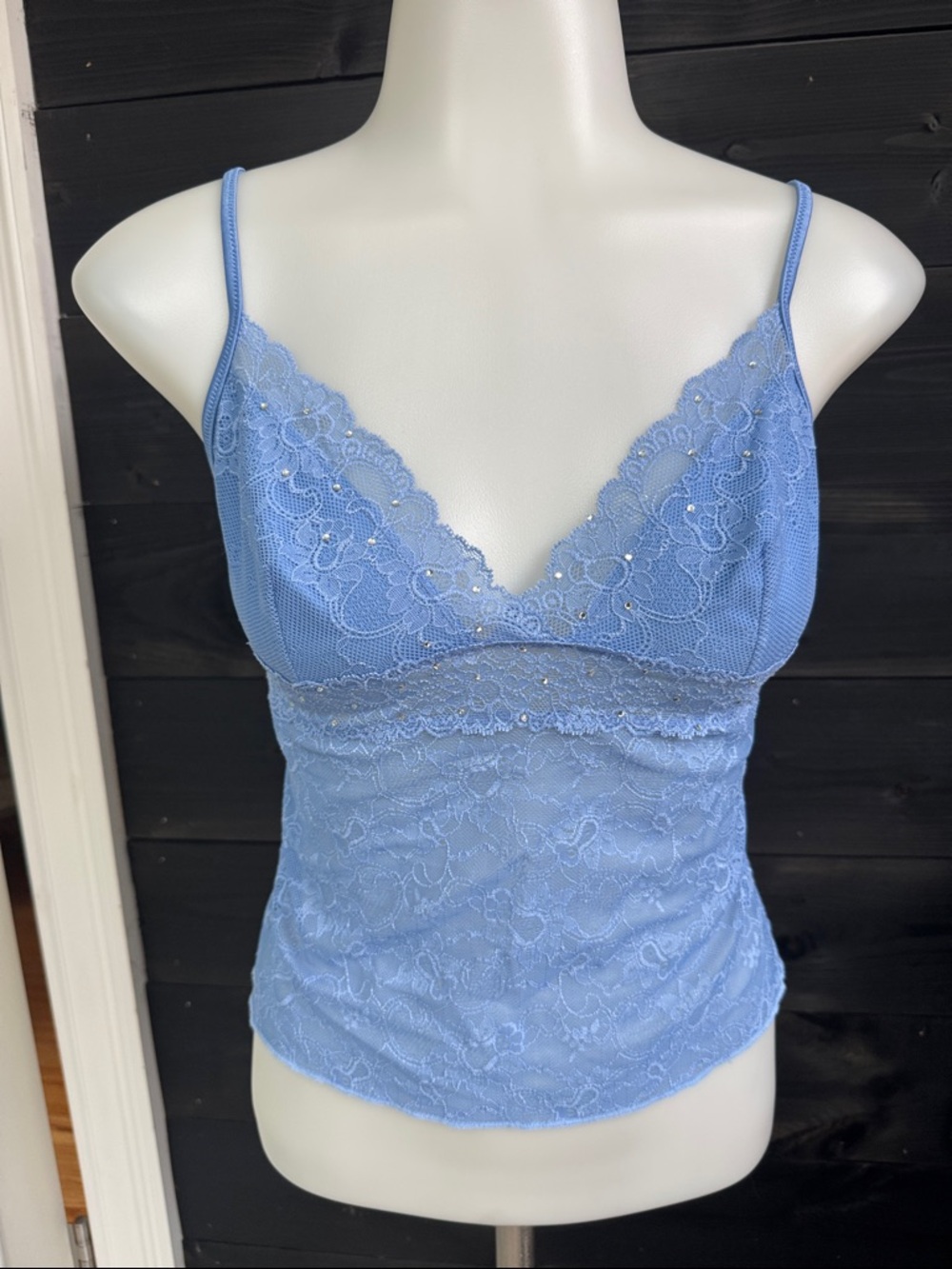 Y2k Victorias Secret Tank Top Cropped Lace Rhinestone Periwinkle Blue